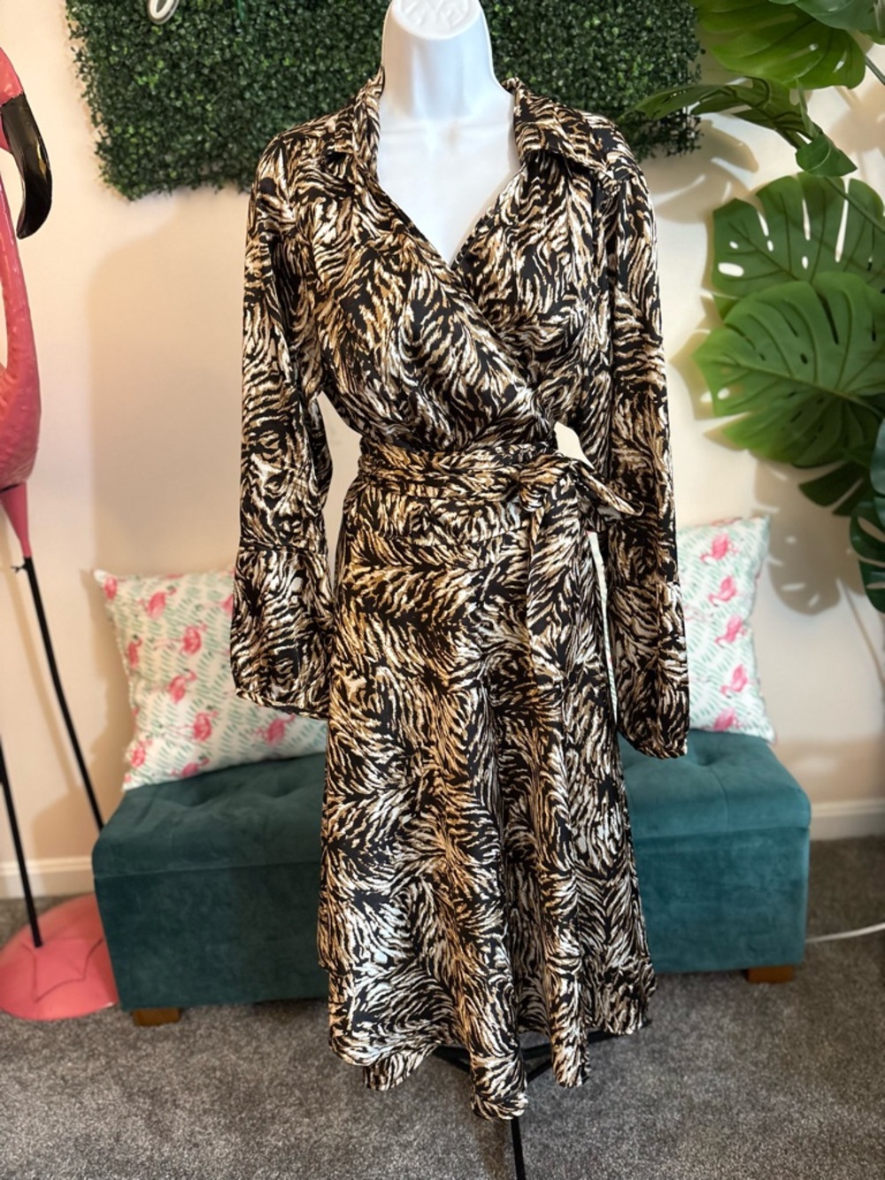 Ashley Stewart- Black and Cream Satin Animal Print Wrap Dress - Picture 4 of 5